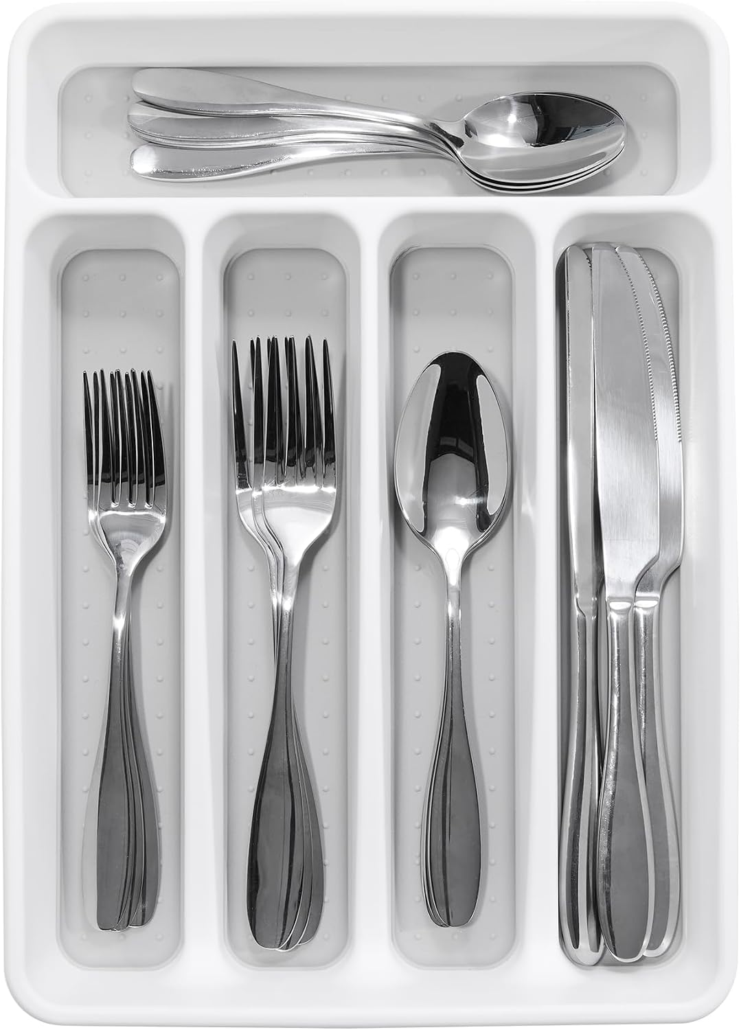 Small Silverware Tray, Compact 5 Compartment Flatware Organizer for Forks, Knives & Spoons, Non Slip, Soft Grip Lining, Fits Small Drawers, White