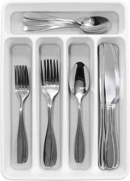 Small Silverware Tray, Compact 5 Compartment Flatware Organizer for Forks, Knives & Spoons, Non Slip, Soft Grip Lining, Fits Small Drawers, White