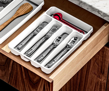 Small Silverware Tray, Compact 5 Compartment Flatware Organizer for Forks, Knives & Spoons, Non Slip, Soft Grip Lining, Fits Small Drawers, White