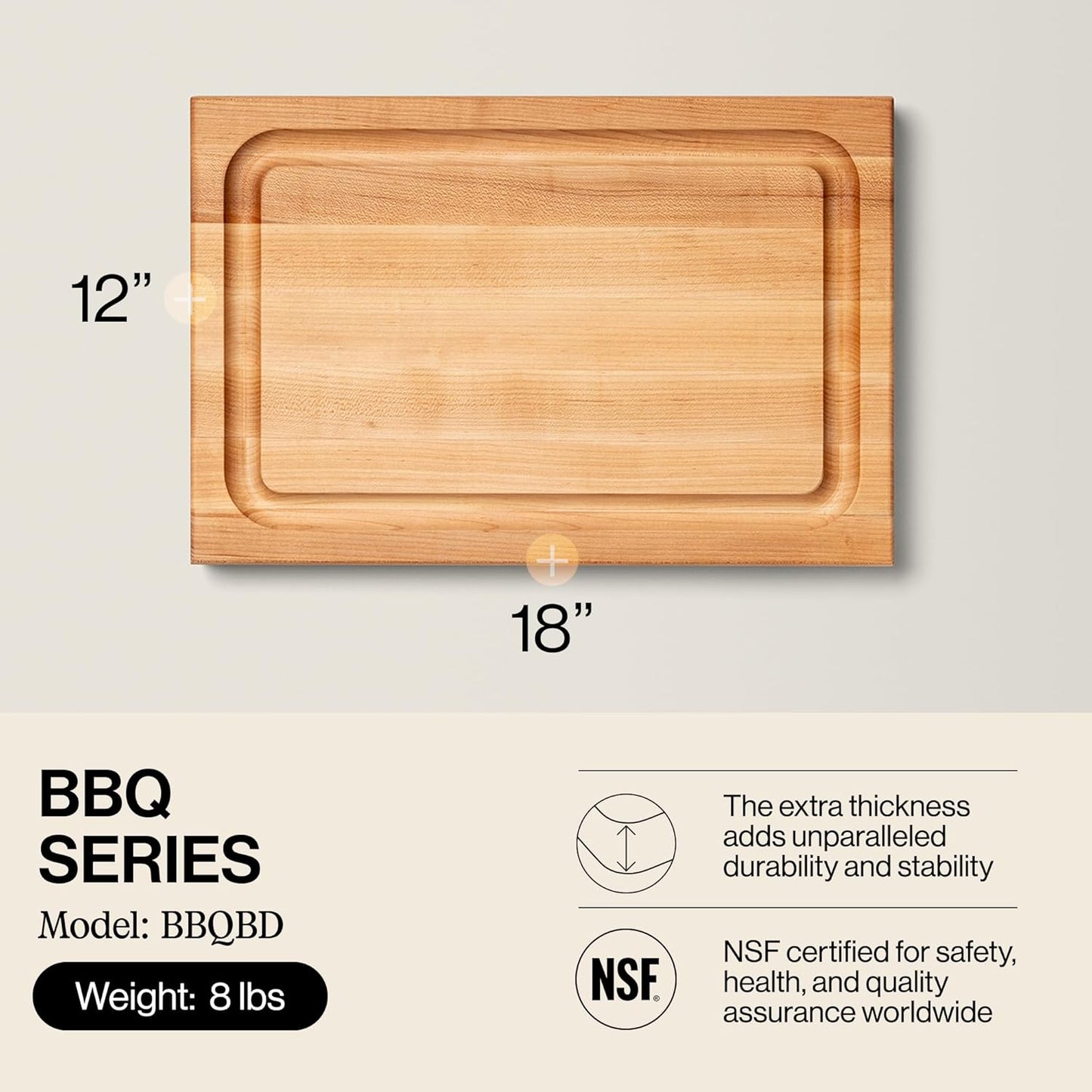 BBQ Series Rectangular Wooden Maple Cutting Board 18”x12” – 1.5” Thick, 8.5-lb Reversible Butcher Block with Juice Groove, Edge-Grain & Finger Grips– Made in the USA