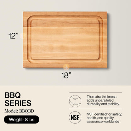BBQ Series Rectangular Wooden Maple Cutting Board 18”x12” – 1.5” Thick, 8.5-lb Reversible Butcher Block with Juice Groove, Edge-Grain & Finger Grips– Made in the USA