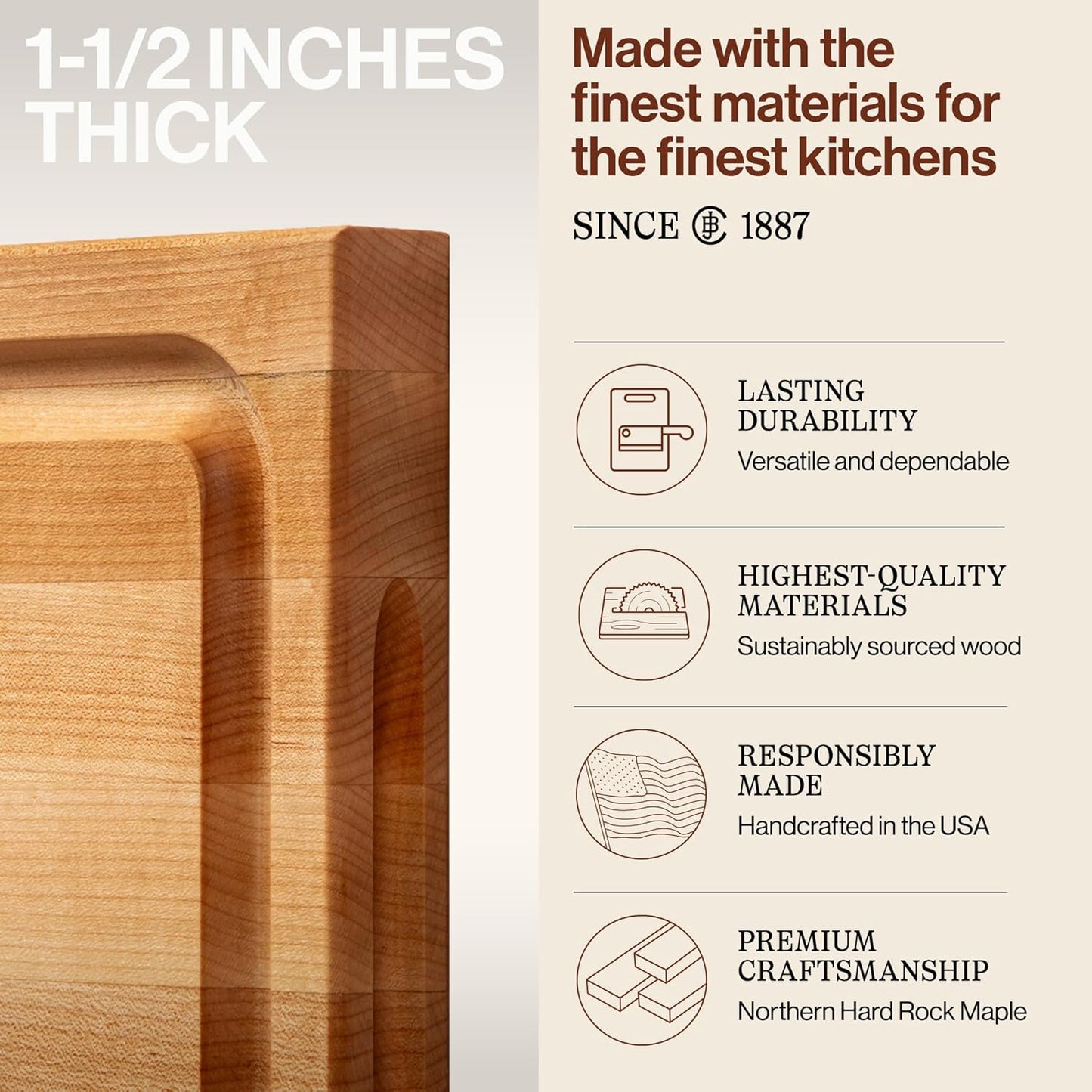 BBQ Series Rectangular Wooden Maple Cutting Board 18”x12” – 1.5” Thick, 8.5-lb Reversible Butcher Block with Juice Groove, Edge-Grain & Finger Grips– Made in the USA