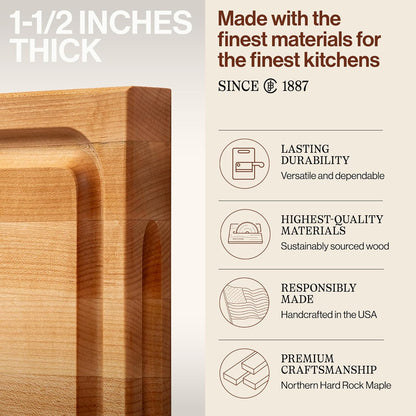BBQ Series Rectangular Wooden Maple Cutting Board 18”x12” – 1.5” Thick, 8.5-lb Reversible Butcher Block with Juice Groove, Edge-Grain & Finger Grips– Made in the USA