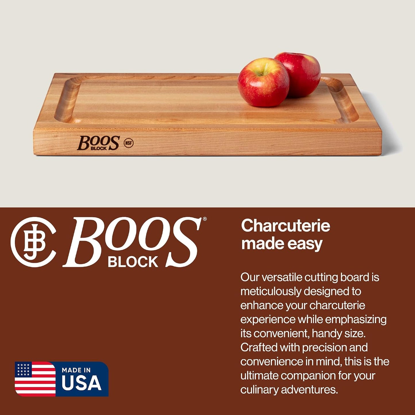 BBQ Series Rectangular Wooden Maple Cutting Board 18”x12” – 1.5” Thick, 8.5-lb Reversible Butcher Block with Juice Groove, Edge-Grain & Finger Grips– Made in the USA