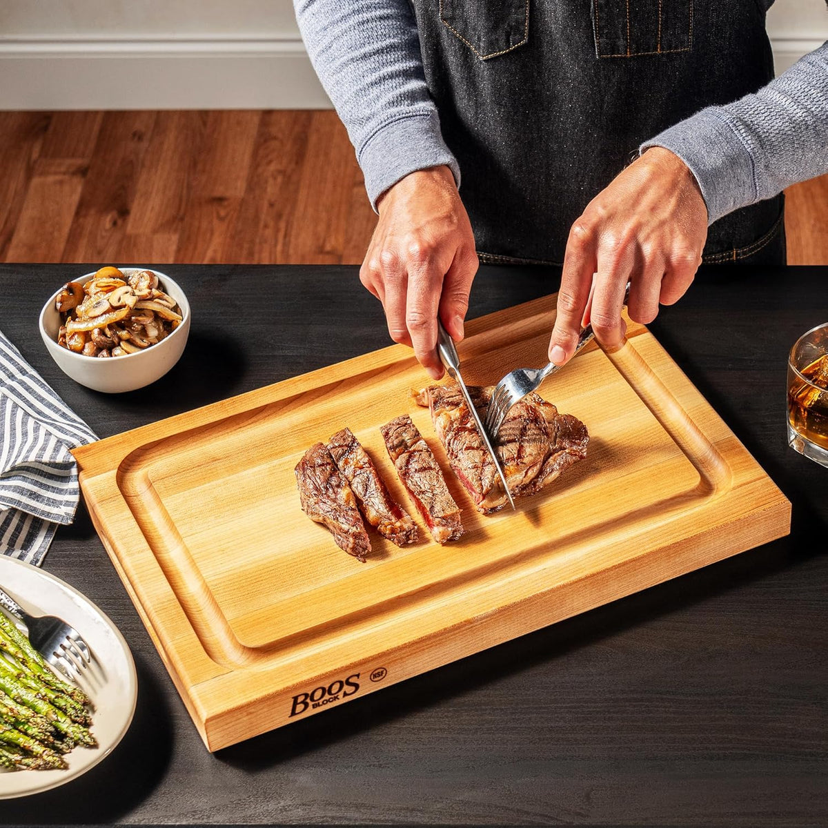 BBQ Series Rectangular Wooden Maple Cutting Board 18”x12” – 1.5” Thick, 8.5-lb Reversible Butcher Block with Juice Groove, Edge-Grain & Finger Grips– Made in the USA