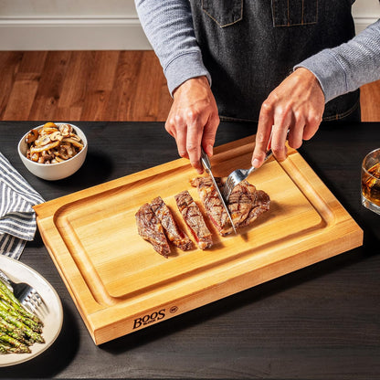 BBQ Series Rectangular Wooden Maple Cutting Board 18”x12” – 1.5” Thick, 8.5-lb Reversible Butcher Block with Juice Groove, Edge-Grain & Finger Grips– Made in the USA