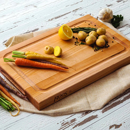 BBQ Series Rectangular Wooden Maple Cutting Board 18”x12” – 1.5” Thick, 8.5-lb Reversible Butcher Block with Juice Groove, Edge-Grain & Finger Grips– Made in the USA