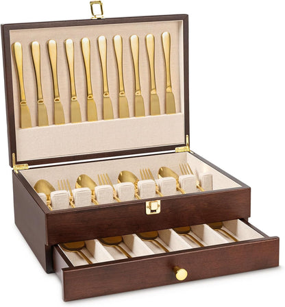 Silverware Storage Box, 2-Layer Flatware Storage Case with Drawer, Wooden Silverware Chest with Linen Liner, Rustic Silverware Case for Storing Fine Flatware and Utensils (Walnut)