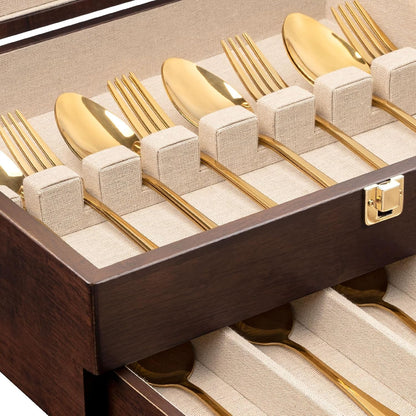 Silverware Storage Box, 2-Layer Flatware Storage Case with Drawer, Wooden Silverware Chest with Linen Liner, Rustic Silverware Case for Storing Fine Flatware and Utensils (Walnut)