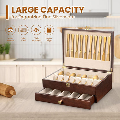 Silverware Storage Box, 2-Layer Flatware Storage Case with Drawer, Wooden Silverware Chest with Linen Liner, Rustic Silverware Case for Storing Fine Flatware and Utensils (Walnut)