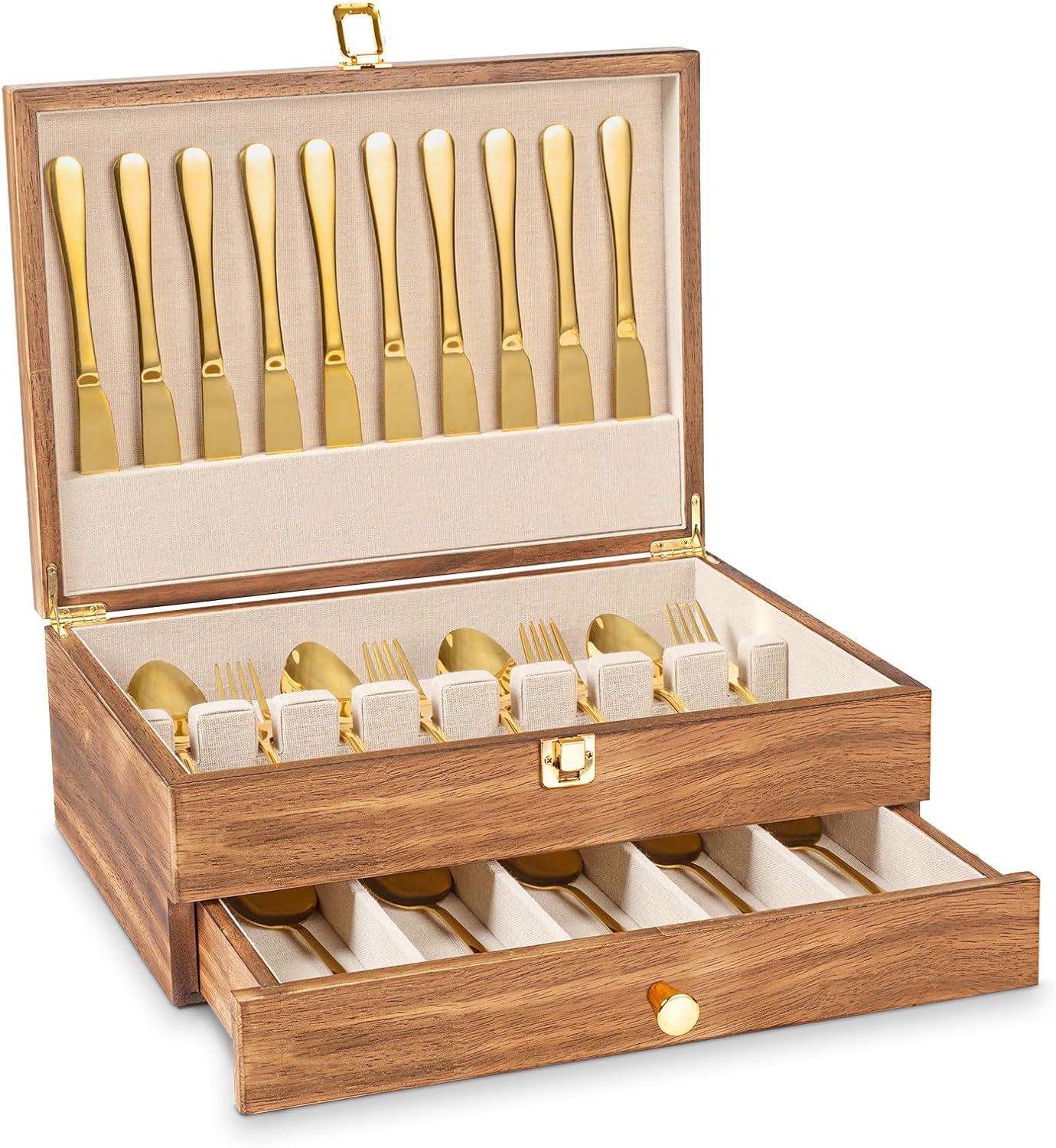 Silverware Storage Box, 2-Layer Flatware Storage Case with Drawer, Wooden Silverware Chest with Linen Liner, Rustic Silverware Case for Storing Fine Flatware and Utensils (Walnut)