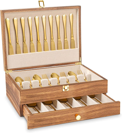 Silverware Storage Box, 2-Layer Flatware Storage Case with Drawer, Wooden Silverware Chest with Linen Liner, Rustic Silverware Case for Storing Fine Flatware and Utensils (Walnut)