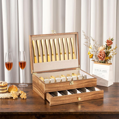 Silverware Storage Box, 2-Layer Flatware Storage Case with Drawer, Wooden Silverware Chest with Linen Liner, Rustic Silverware Case for Storing Fine Flatware and Utensils (Walnut)