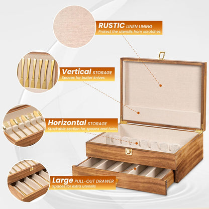 Silverware Storage Box, 2-Layer Flatware Storage Case with Drawer, Wooden Silverware Chest with Linen Liner, Rustic Silverware Case for Storing Fine Flatware and Utensils (Walnut)