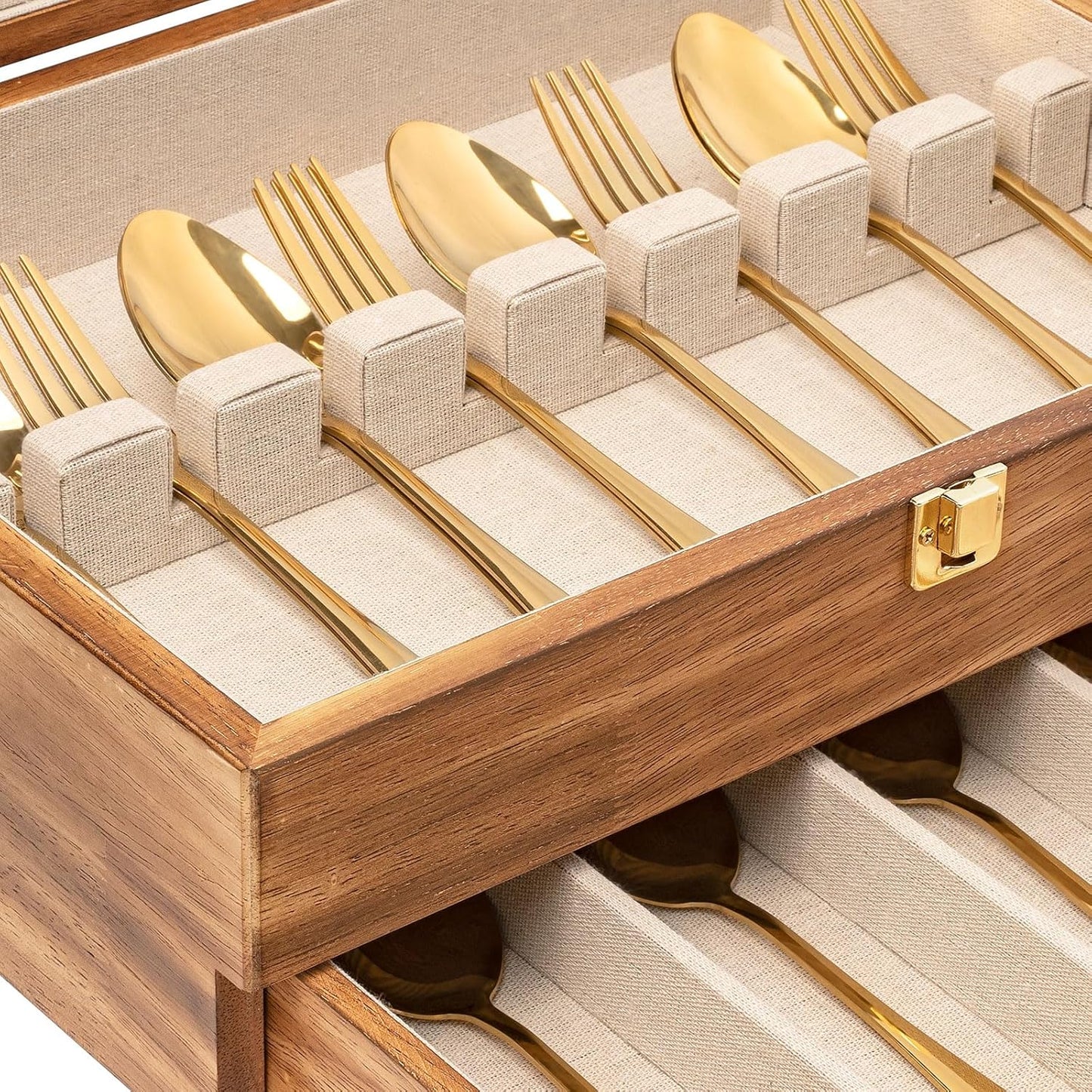 Silverware Storage Box, 2-Layer Flatware Storage Case with Drawer, Wooden Silverware Chest with Linen Liner, Rustic Silverware Case for Storing Fine Flatware and Utensils (Walnut)