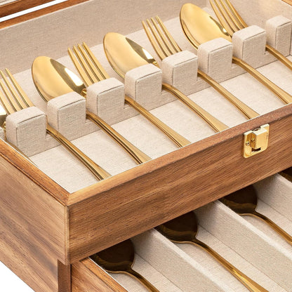 Silverware Storage Box, 2-Layer Flatware Storage Case with Drawer, Wooden Silverware Chest with Linen Liner, Rustic Silverware Case for Storing Fine Flatware and Utensils (Walnut)