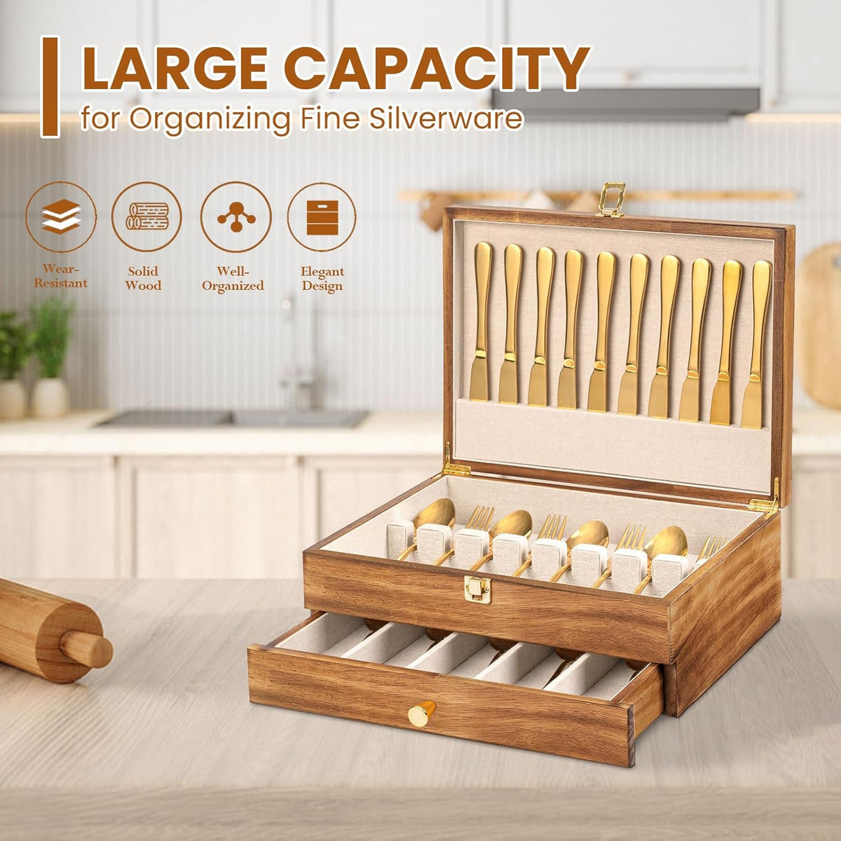 Silverware Storage Box, 2-Layer Flatware Storage Case with Drawer, Wooden Silverware Chest with Linen Liner, Rustic Silverware Case for Storing Fine Flatware and Utensils (Walnut)