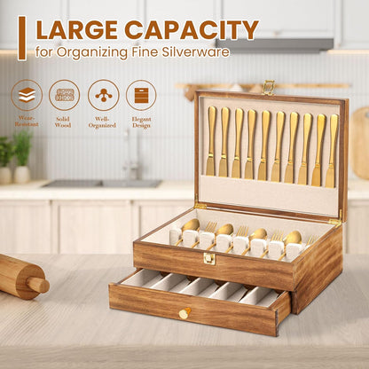 Silverware Storage Box, 2-Layer Flatware Storage Case with Drawer, Wooden Silverware Chest with Linen Liner, Rustic Silverware Case for Storing Fine Flatware and Utensils (Walnut)