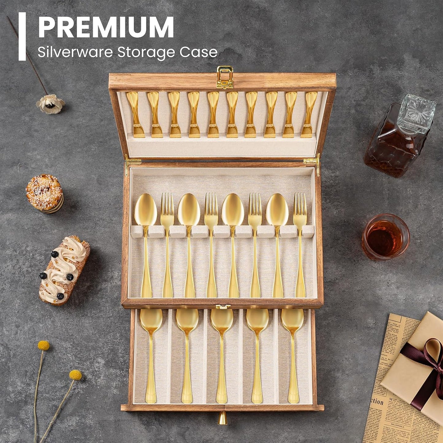 Silverware Storage Box, 2-Layer Flatware Storage Case with Drawer, Wooden Silverware Chest with Linen Liner, Rustic Silverware Case for Storing Fine Flatware and Utensils (Walnut)