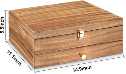 Silverware Storage Box, 2-Layer Flatware Storage Case with Drawer, Wooden Silverware Chest with Linen Liner, Rustic Silverware Case for Storing Fine Flatware and Utensils (Walnut)