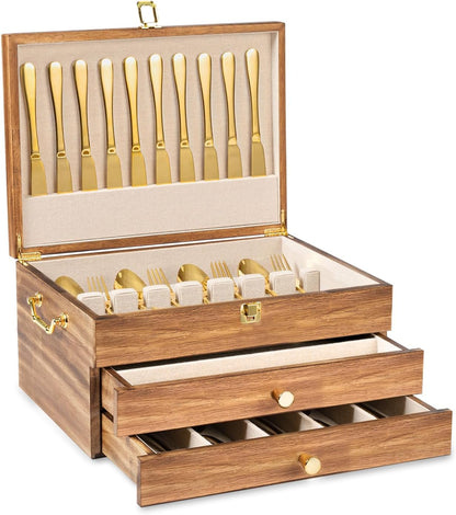 Silverware Storage Box, 2-Layer Flatware Storage Case with Drawer, Wooden Silverware Chest with Linen Liner, Rustic Silverware Case for Storing Fine Flatware and Utensils (Walnut)