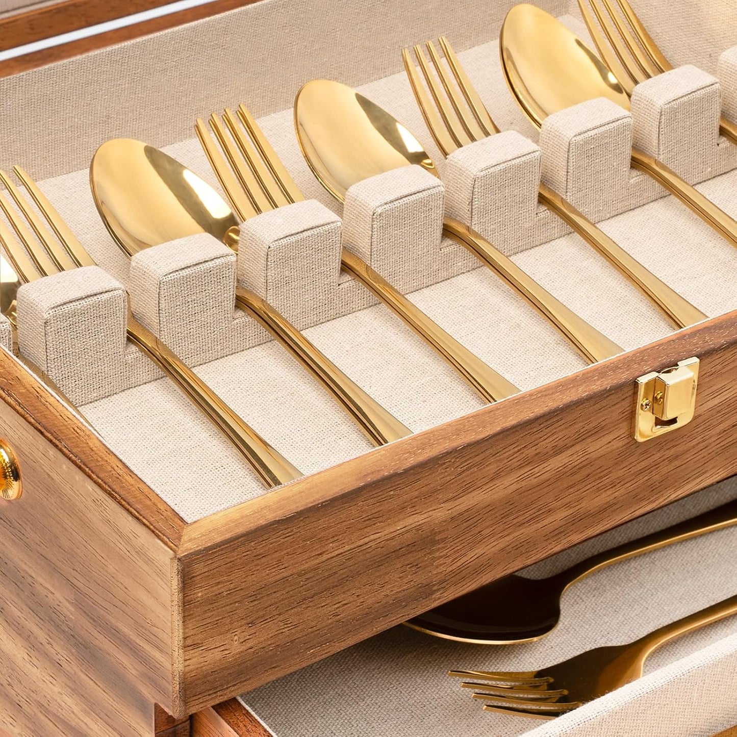 Silverware Storage Box, 2-Layer Flatware Storage Case with Drawer, Wooden Silverware Chest with Linen Liner, Rustic Silverware Case for Storing Fine Flatware and Utensils (Walnut)