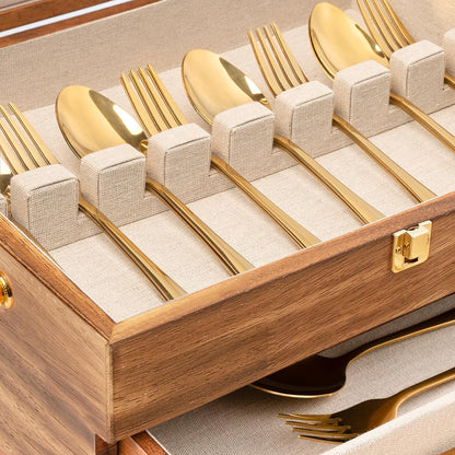 Silverware Storage Box, 2-Layer Flatware Storage Case with Drawer, Wooden Silverware Chest with Linen Liner, Rustic Silverware Case for Storing Fine Flatware and Utensils (Walnut)