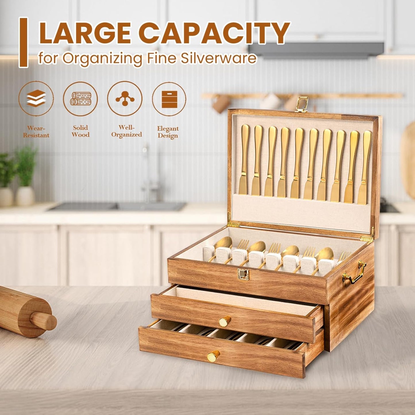 Silverware Storage Box, 2-Layer Flatware Storage Case with Drawer, Wooden Silverware Chest with Linen Liner, Rustic Silverware Case for Storing Fine Flatware and Utensils (Walnut)
