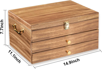 Silverware Storage Box, 2-Layer Flatware Storage Case with Drawer, Wooden Silverware Chest with Linen Liner, Rustic Silverware Case for Storing Fine Flatware and Utensils (Walnut)