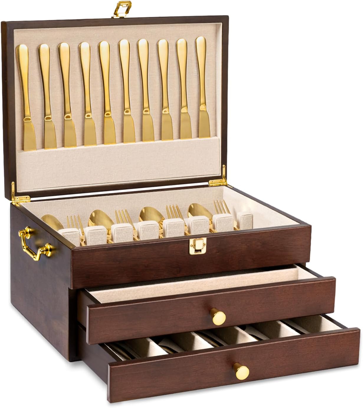 Silverware Storage Box, 2-Layer Flatware Storage Case with Drawer, Wooden Silverware Chest with Linen Liner, Rustic Silverware Case for Storing Fine Flatware and Utensils (Walnut)