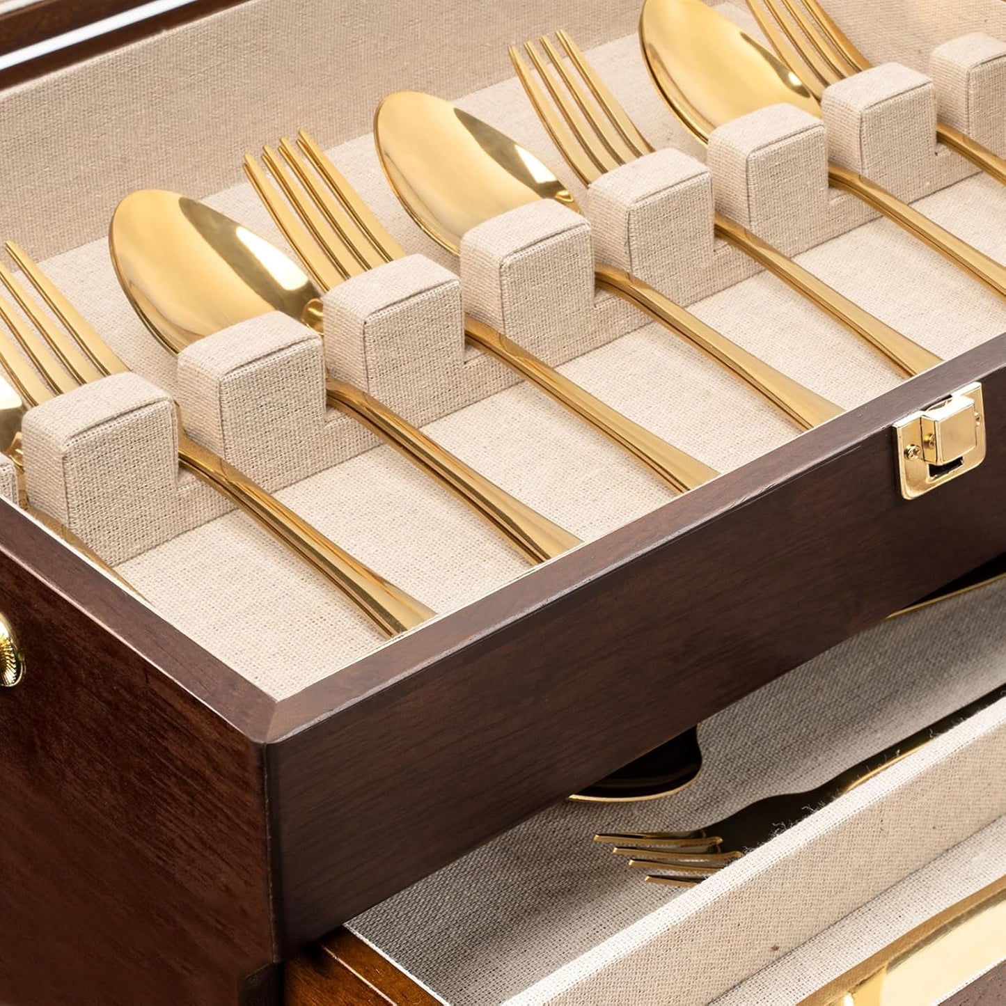 Silverware Storage Box, 2-Layer Flatware Storage Case with Drawer, Wooden Silverware Chest with Linen Liner, Rustic Silverware Case for Storing Fine Flatware and Utensils (Walnut)