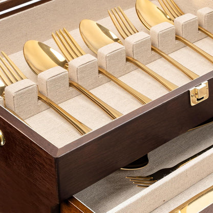 Silverware Storage Box, 2-Layer Flatware Storage Case with Drawer, Wooden Silverware Chest with Linen Liner, Rustic Silverware Case for Storing Fine Flatware and Utensils (Walnut)