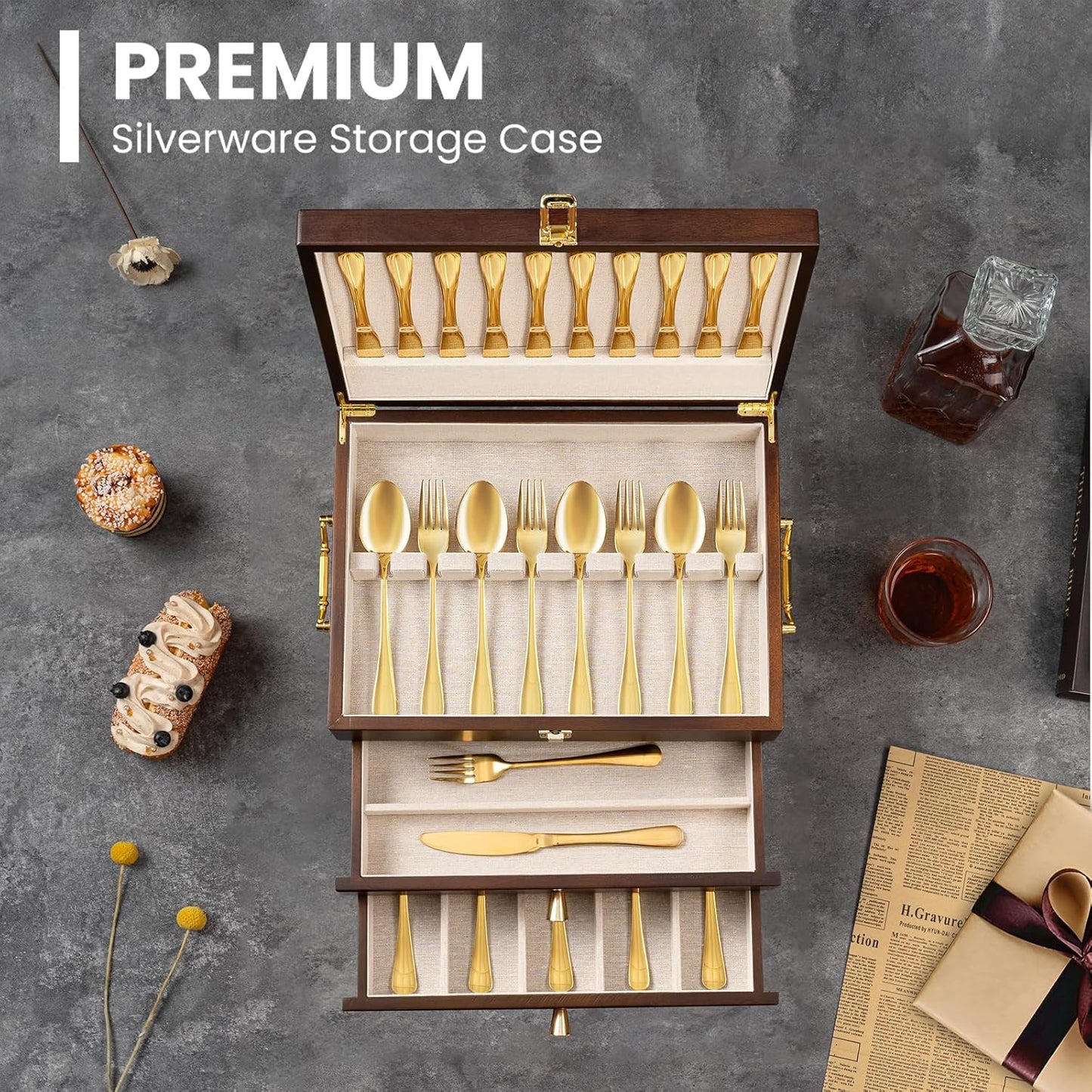 Silverware Storage Box, 2-Layer Flatware Storage Case with Drawer, Wooden Silverware Chest with Linen Liner, Rustic Silverware Case for Storing Fine Flatware and Utensils (Walnut)