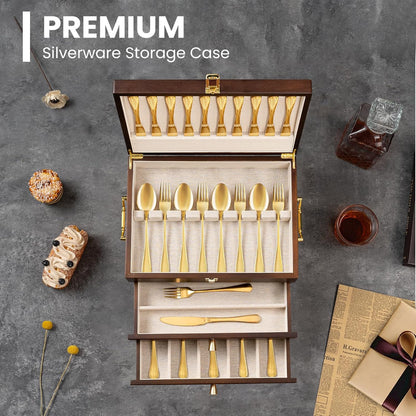 Silverware Storage Box, 2-Layer Flatware Storage Case with Drawer, Wooden Silverware Chest with Linen Liner, Rustic Silverware Case for Storing Fine Flatware and Utensils (Walnut)