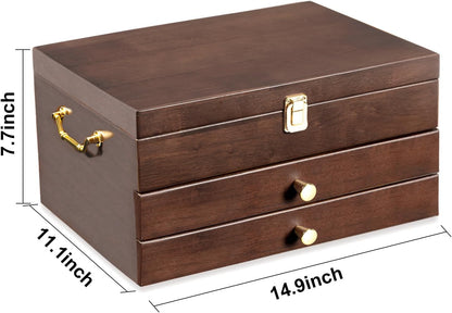 Silverware Storage Box, 2-Layer Flatware Storage Case with Drawer, Wooden Silverware Chest with Linen Liner, Rustic Silverware Case for Storing Fine Flatware and Utensils (Walnut)