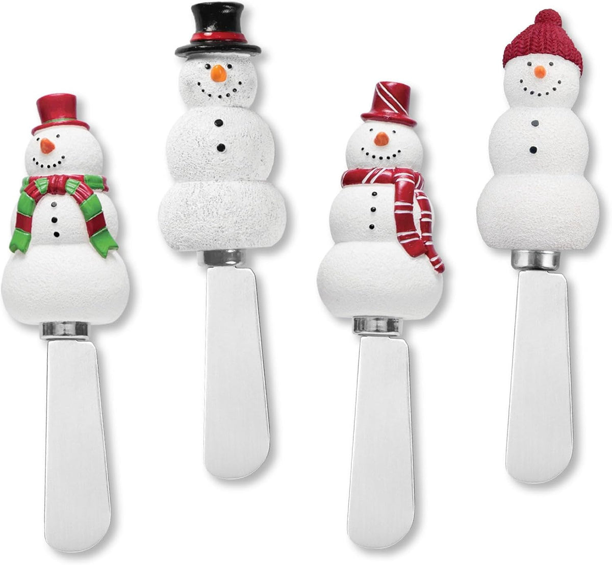 Snowmen Cheese Spreaders, Hand-Painted Resin Handles with Stainless Steel Blades for Spreading Cream Cheese, Butter, and Jam, Assorted Designs, Set of 4