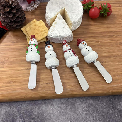 Snowmen Cheese Spreaders, Hand-Painted Resin Handles with Stainless Steel Blades for Spreading Cream Cheese, Butter, and Jam, Assorted Designs, Set of 4