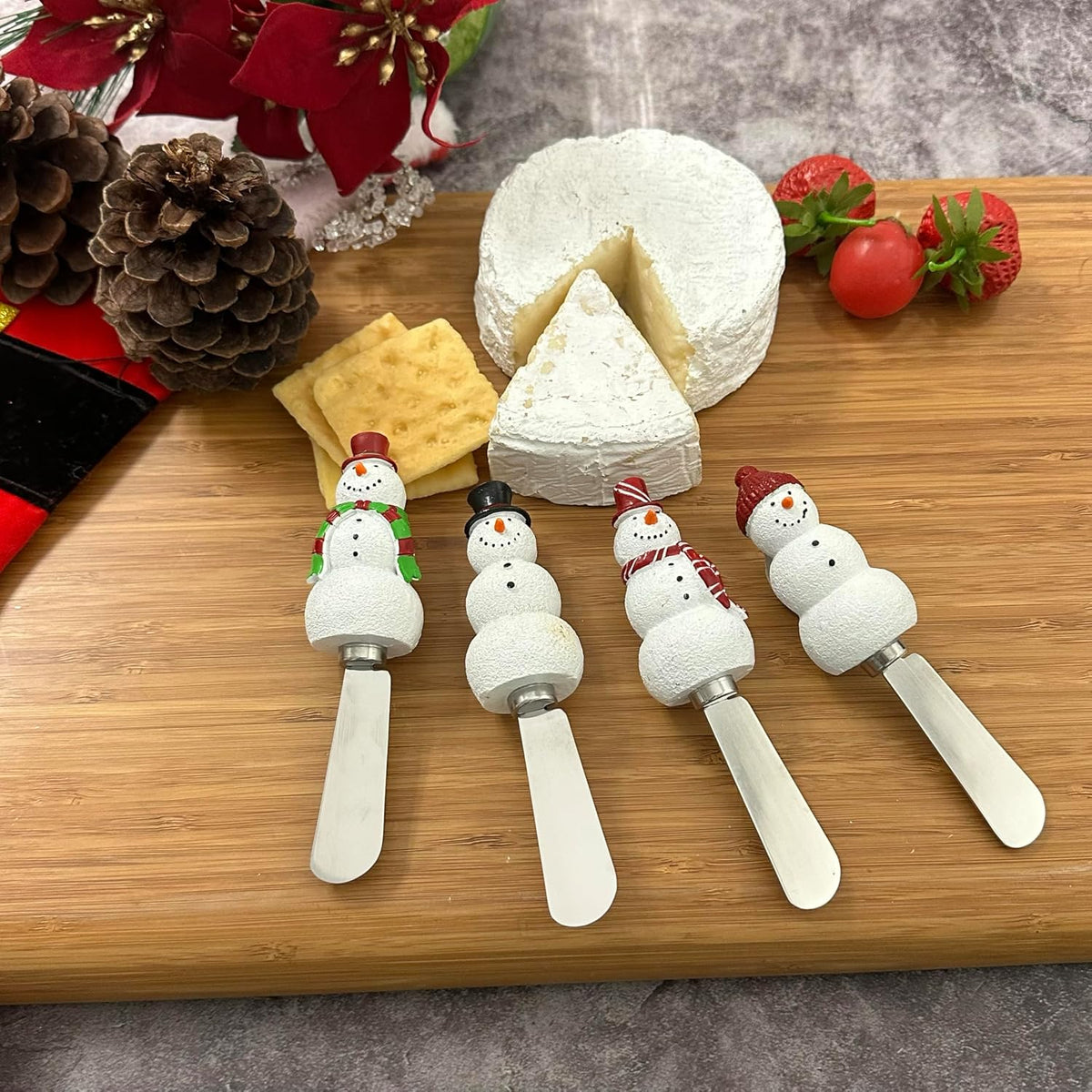 Snowmen Cheese Spreaders, Hand-Painted Resin Handles with Stainless Steel Blades for Spreading Cream Cheese, Butter, and Jam, Assorted Designs, Set of 4