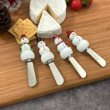 Snowmen Cheese Spreaders, Hand-Painted Resin Handles with Stainless Steel Blades for Spreading Cream Cheese, Butter, and Jam, Assorted Designs, Set of 4