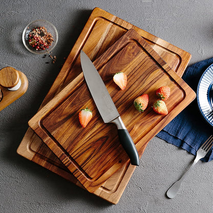 Acacia Wood Cutting Board for Kitchen with Deep Juice Groove and Handles, Wooden Trays for Meat, Fruit and Cheese, 15x10x0.7 Inch