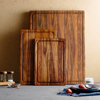 Acacia Wood Cutting Board for Kitchen with Deep Juice Groove and Handles, Wooden Trays for Meat, Fruit and Cheese, 15x10x0.7 Inch