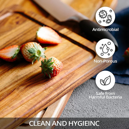 Acacia Wood Cutting Board for Kitchen with Deep Juice Groove and Handles, Wooden Trays for Meat, Fruit and Cheese, 15x10x0.7 Inch