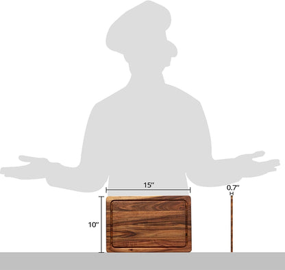 Acacia Wood Cutting Board for Kitchen with Deep Juice Groove and Handles, Wooden Trays for Meat, Fruit and Cheese, 15x10x0.7 Inch