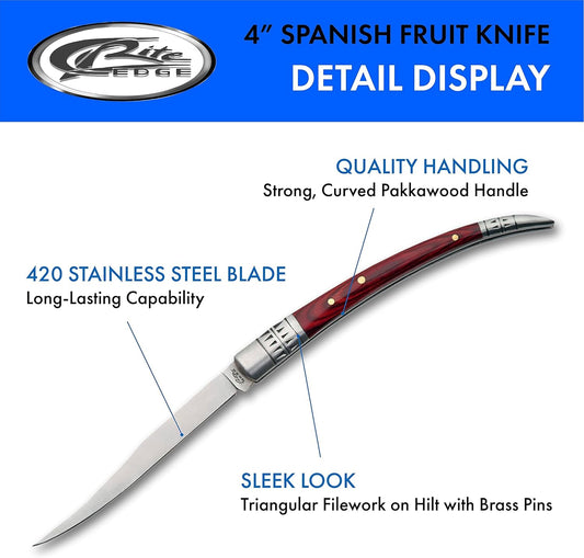 Rite Edge 4″ Spanish Folding Fruit Knife – Slim Folding Pocket Knife with Stainless Steel Blade, Pakkawood Handle & Bolster for Peeling, Food Prep, EDC & Outdoor Use