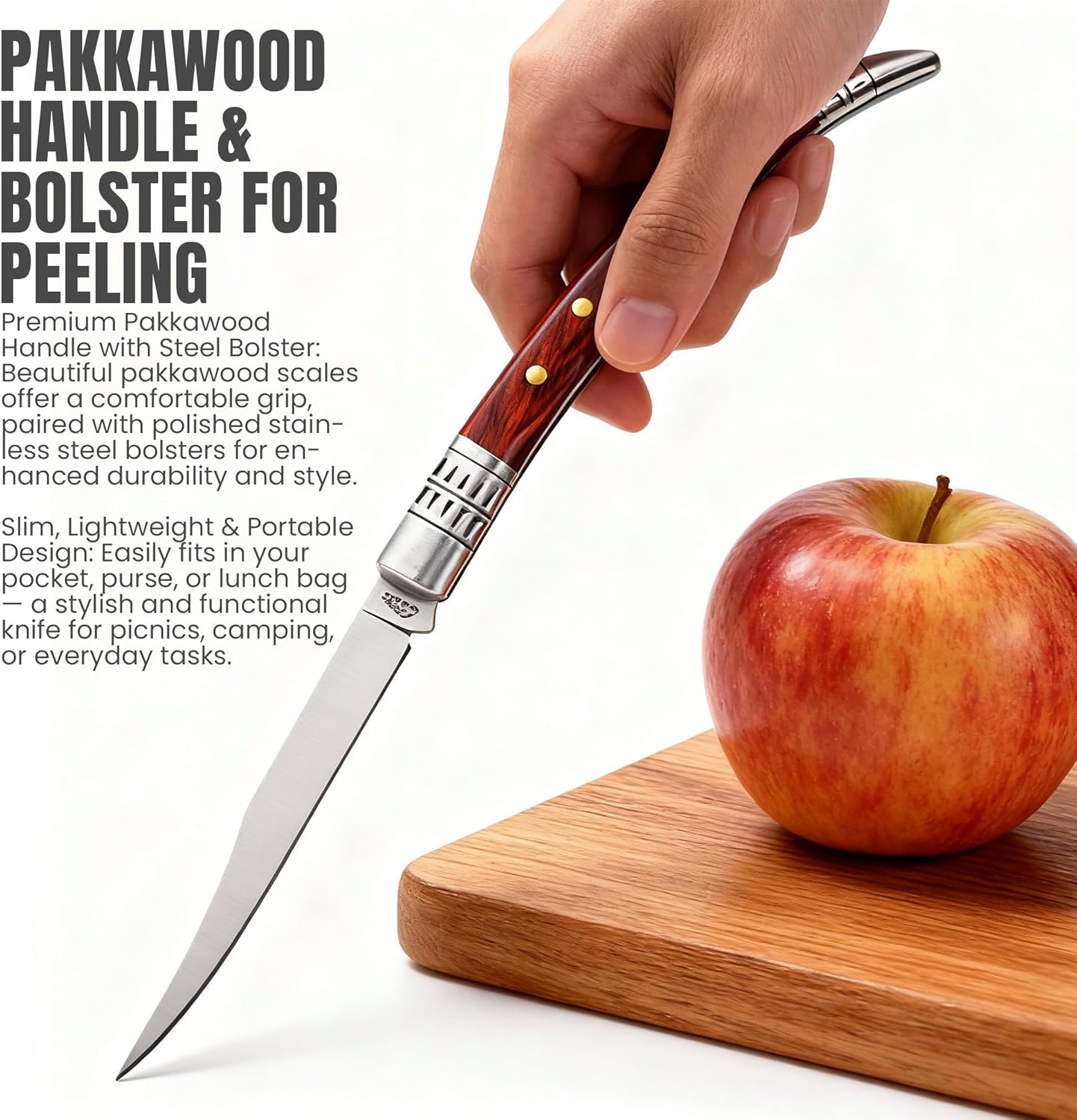 Rite Edge 4″ Spanish Folding Fruit Knife – Slim Folding Pocket Knife with Stainless Steel Blade, Pakkawood Handle & Bolster for Peeling, Food Prep, EDC & Outdoor Use