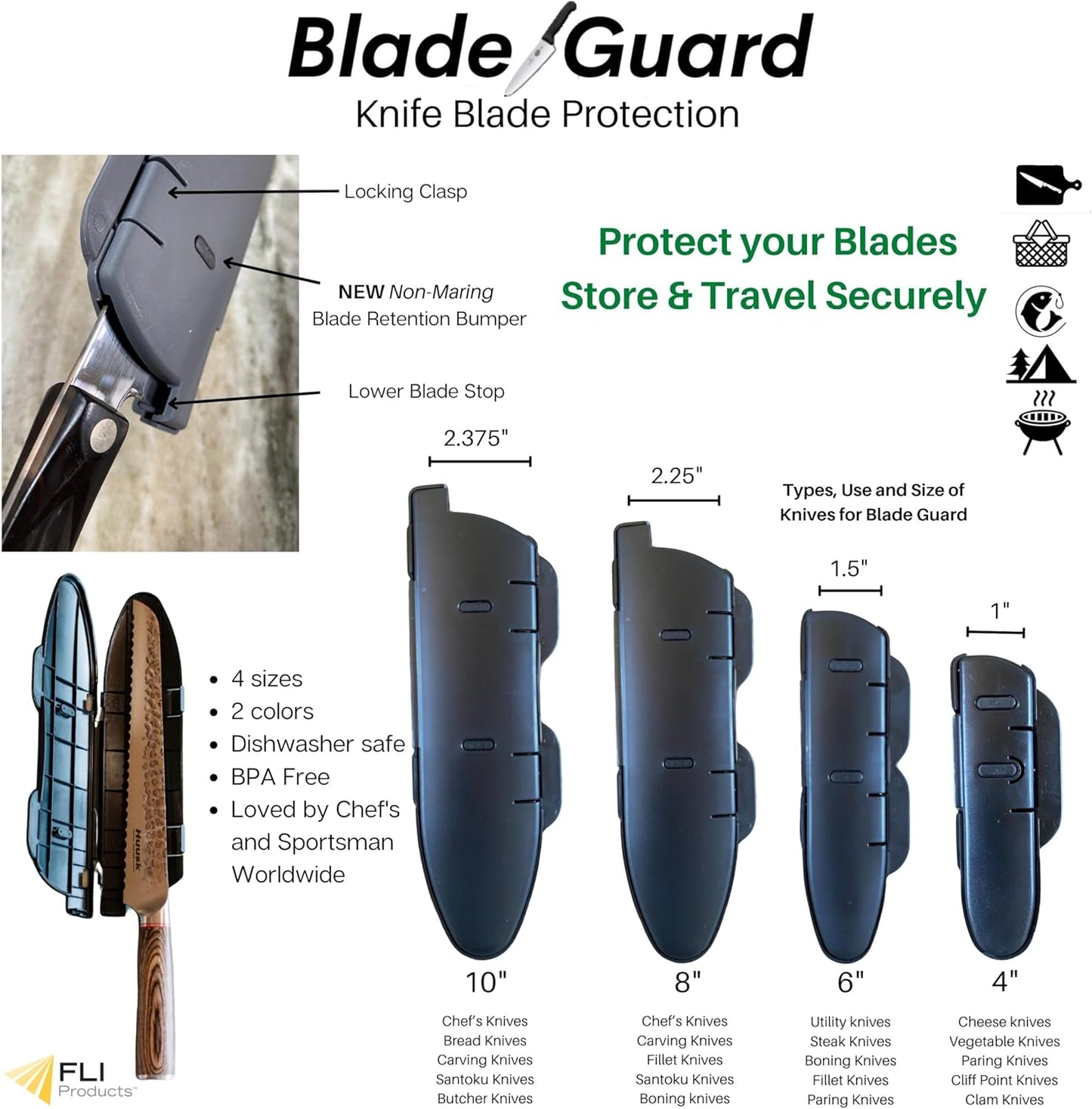 Blade Guard Knife Blade Protector Made in USA Safe Storage and Transport for Kitchen Knives, Dishwasher Safe, Protects Edges in Drawers Travel Camping RV Grey (6in)