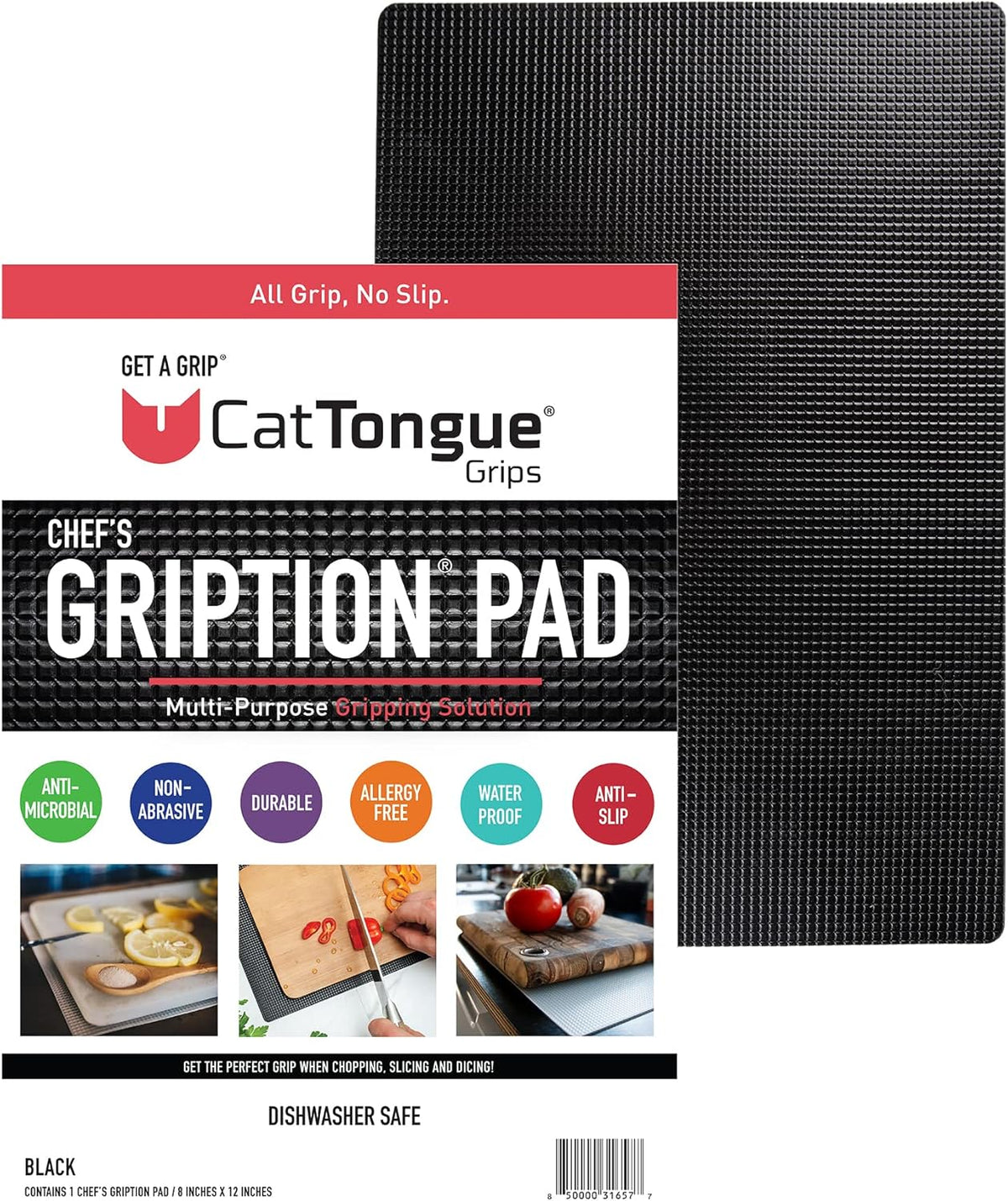 8"x12" Non-Slip Mat for Cutting Board, Black, 1-Pack | Gription's unique non-rubber material with double-sided traction is perfect for securing cutting boards, kitchen items, jars