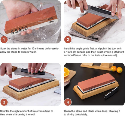 Sharpening Stones Sharpening Stones Grit 1000/6000 Professional Sharpening Stones 2-IN-1 Sharpening Stone Sharpening Stone with Non-Slip Bamboo Base and Angle Guide, Yellow