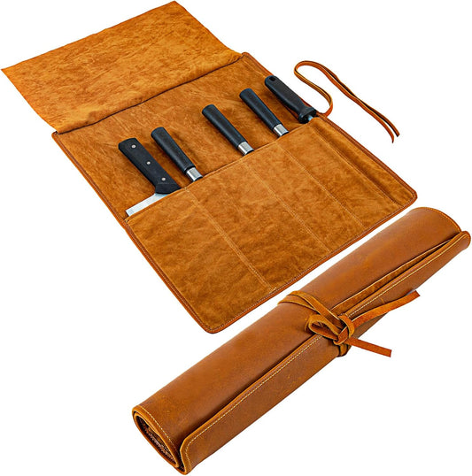 Knife Roll Bag Genuine Leather,Chefs Professional 5 Knives and Cookware,Perfect for The Traveling Chef,Travel Tool Roll Pouch,No Tools Included