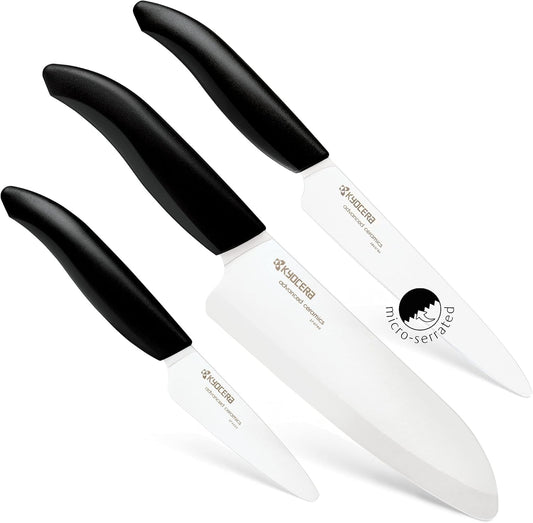 Advanced Ceramics – Revolution Series 3-Piece Ceramic Knife Set: Includes 6-inch Chef's Knife; 5-inch Micro Serrated Knife; and 3-inch Paring Knife; Black Handles with White Blades